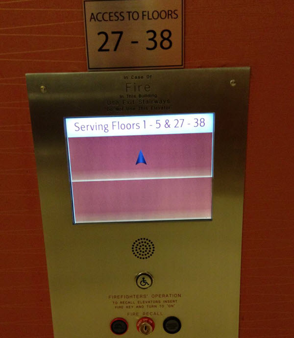 Photograph of the confusing elevator touch screen interface described fully in the text below.