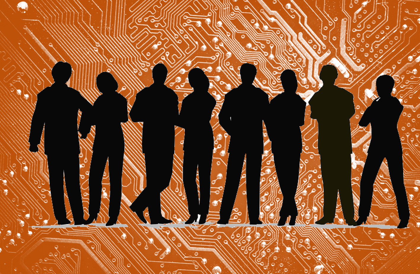 Representation of a circuit board overlaid with back silhouette of 8 people
