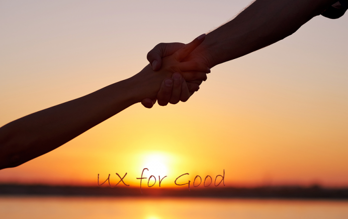 Two clasped hands supporting each other against a sunset in the background with text "UX for Good"