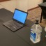 Participant work station with computer, laptop to view tasks, and disinfectant supplies