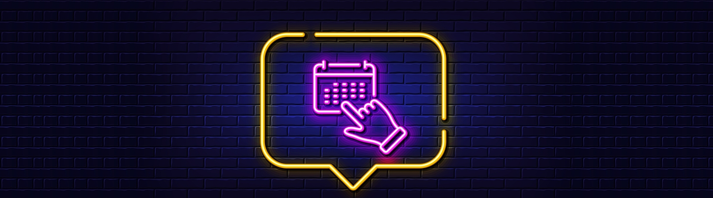 Neon icon of calendar with a mouse pointer hand pressing on date surrounded by neon yellow speech bubble.